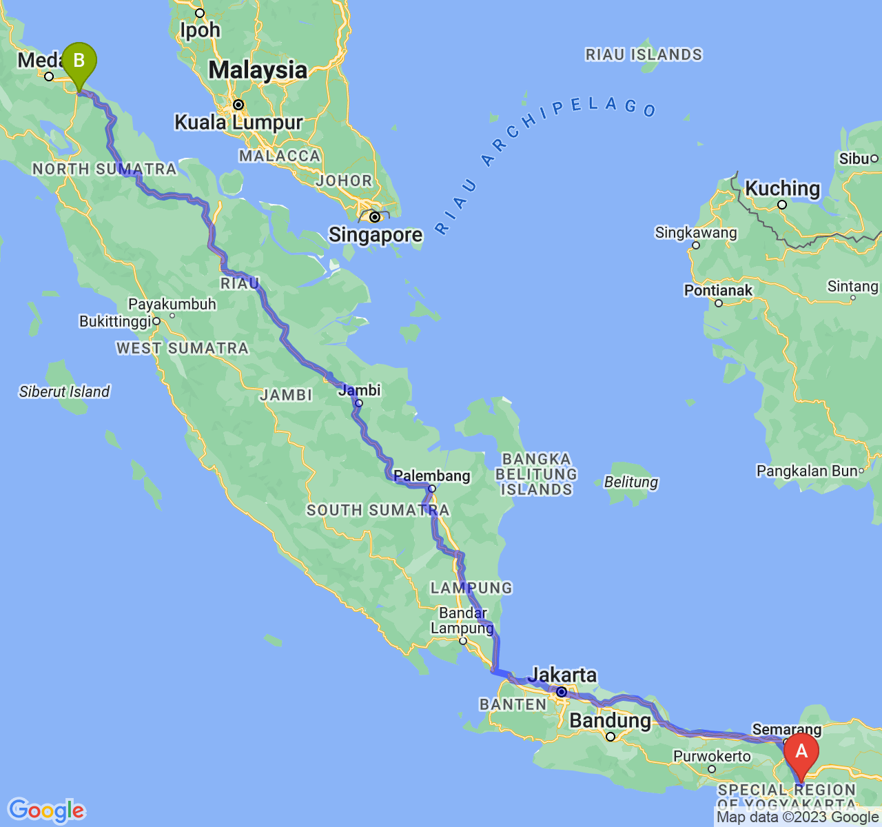 rute perjalanan Kab. Klaten-Kota Tebing Tinggi