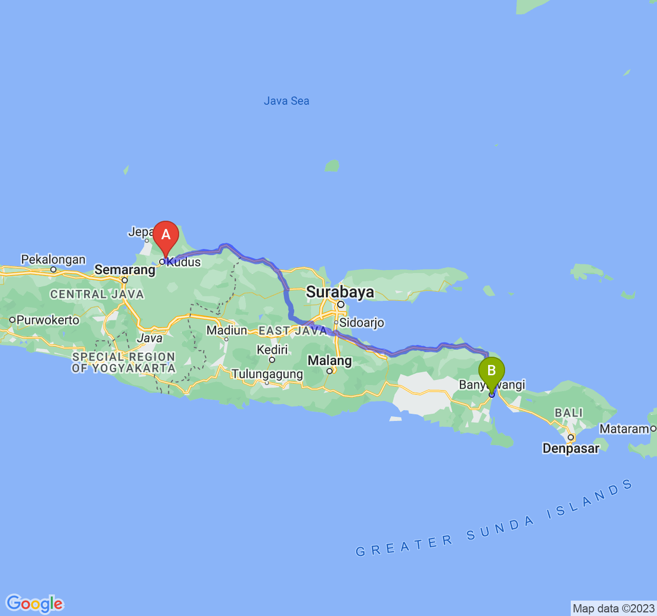 rute perjalanan Kab. Kudus-Kab. Banyuwangi