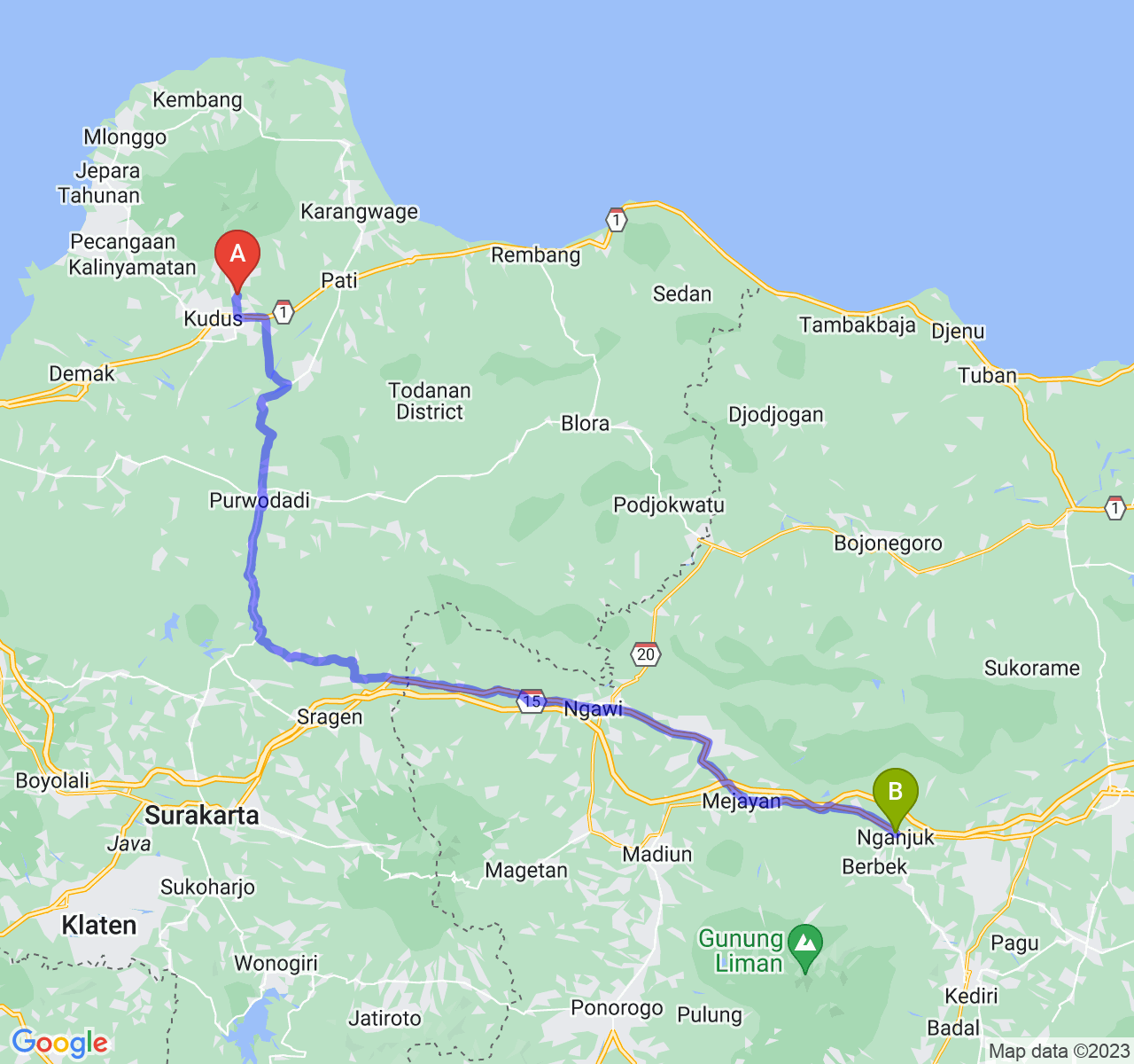 rute perjalanan Kab. Kudus-Kab. Nganjuk