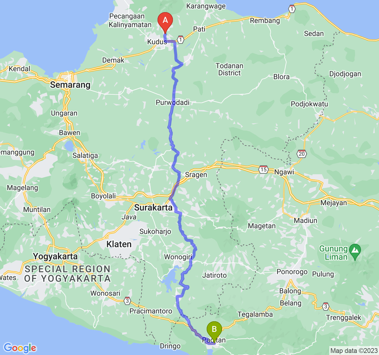 rute perjalanan Kab. Kudus-Kab. Pacitan