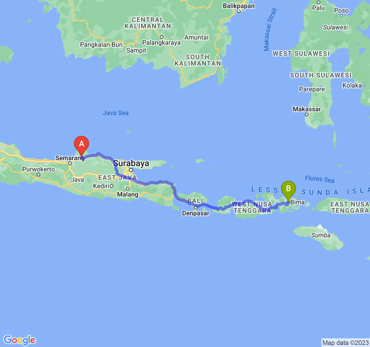 rute perjalanan Kab. Kudus-Kota Bima