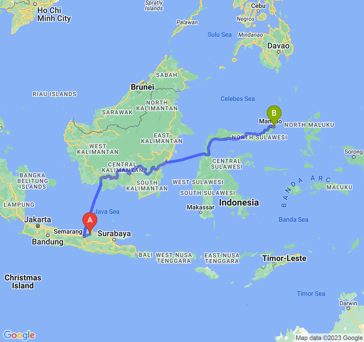 rute perjalanan Kab. Kudus-Kota Bitung