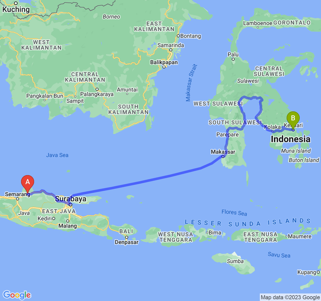 rute perjalanan Kab. Kudus-Kota Kendari