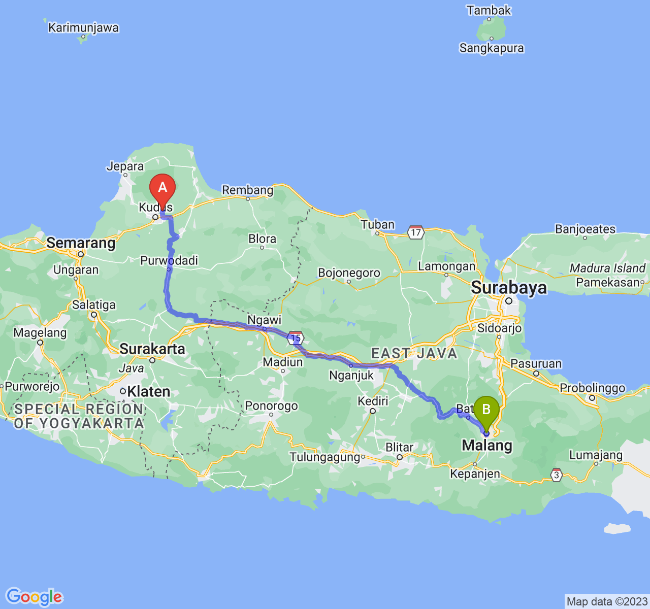 rute perjalanan Kab. Kudus-Kota Malang