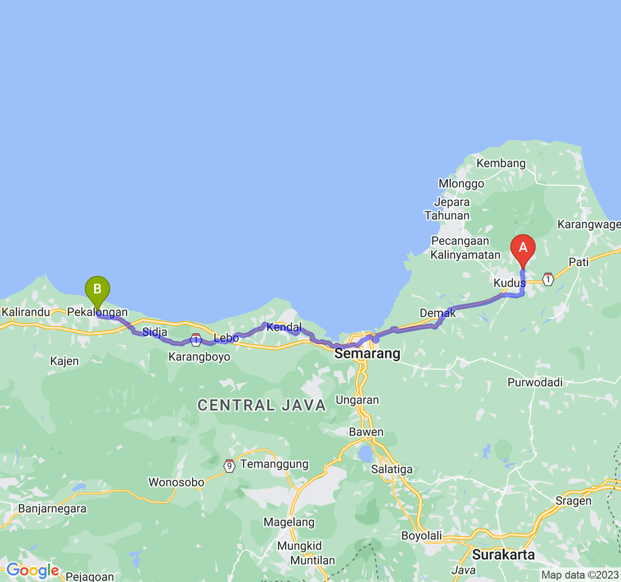 rute perjalanan Kab. Kudus-Kota Pekalongan