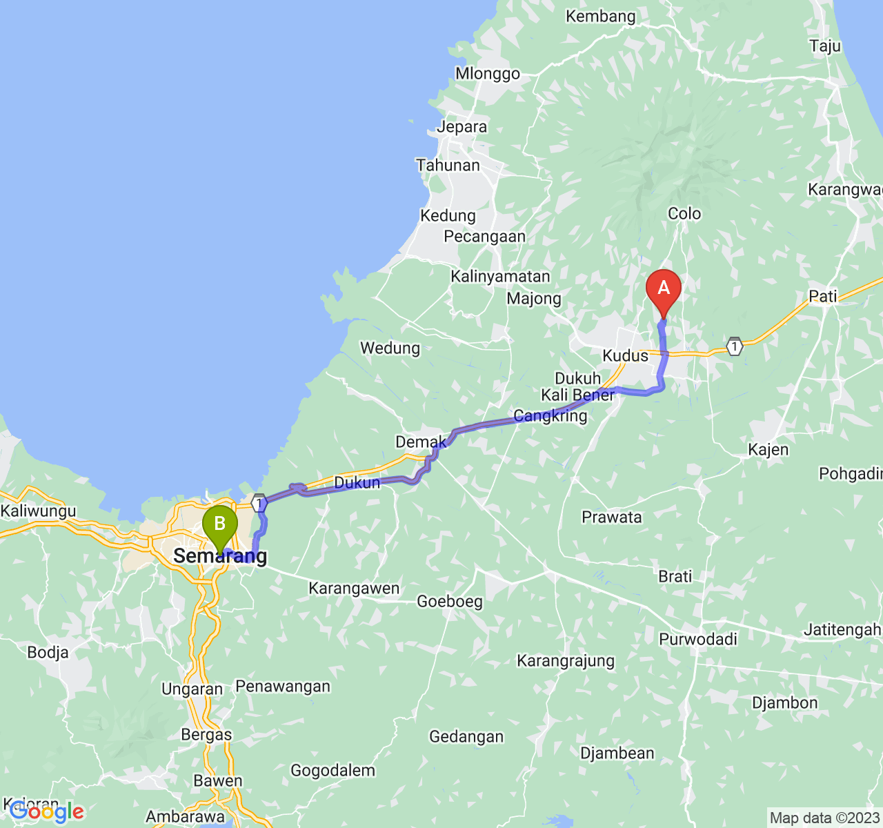 rute perjalanan Kab. Kudus-Kota Semarang