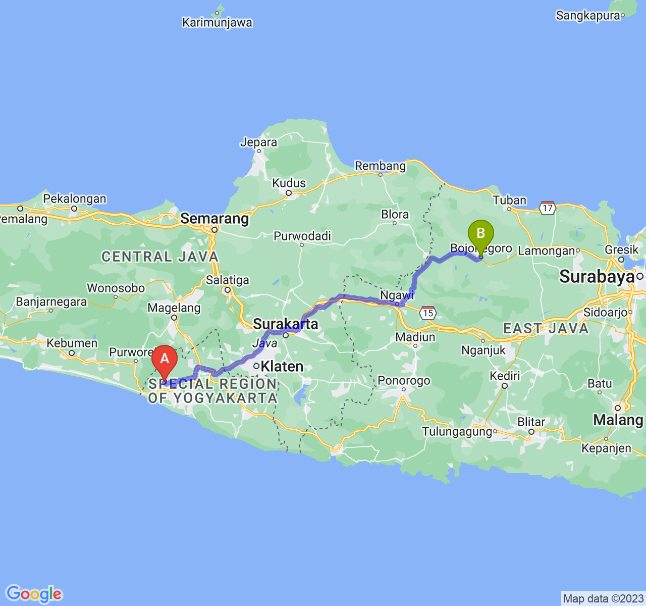 rute perjalanan Kab. Kulon Progo-Kab. Bojonegoro