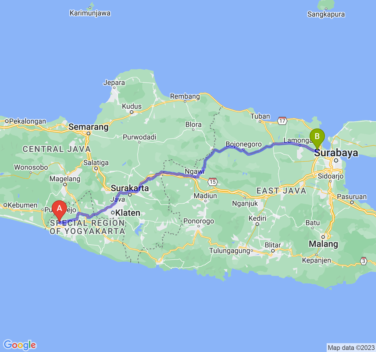 rute perjalanan Kab. Kulon Progo-Kab. Gresik