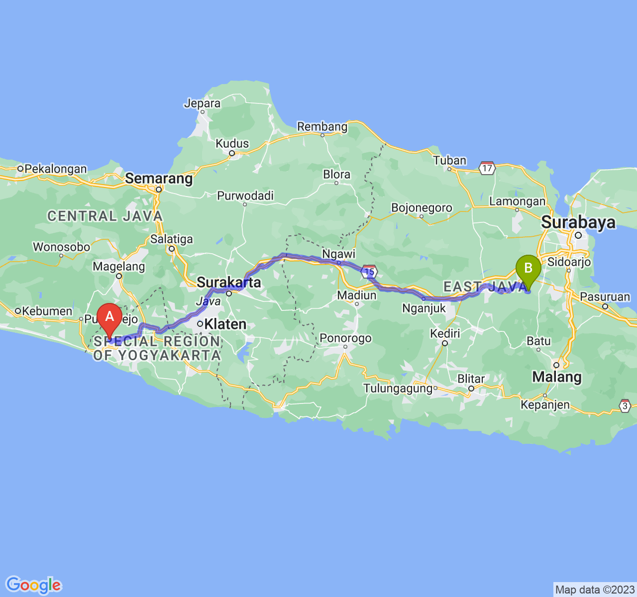 rute perjalanan Kab. Kulon Progo-Kab. Mojokerto