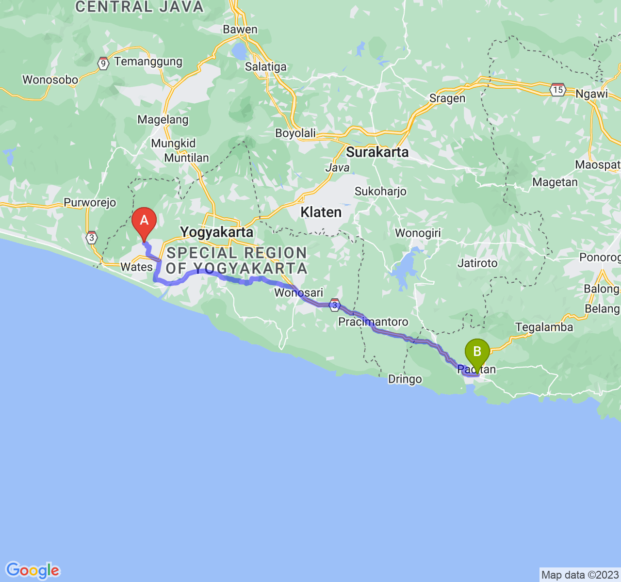 rute perjalanan Kab. Kulon Progo-Kab. Pacitan