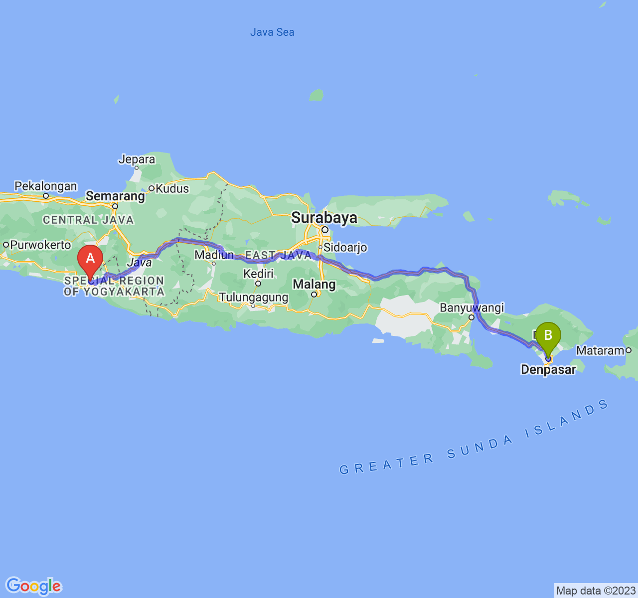 rute perjalanan Kab. Kulon Progo-Kota Denpasar