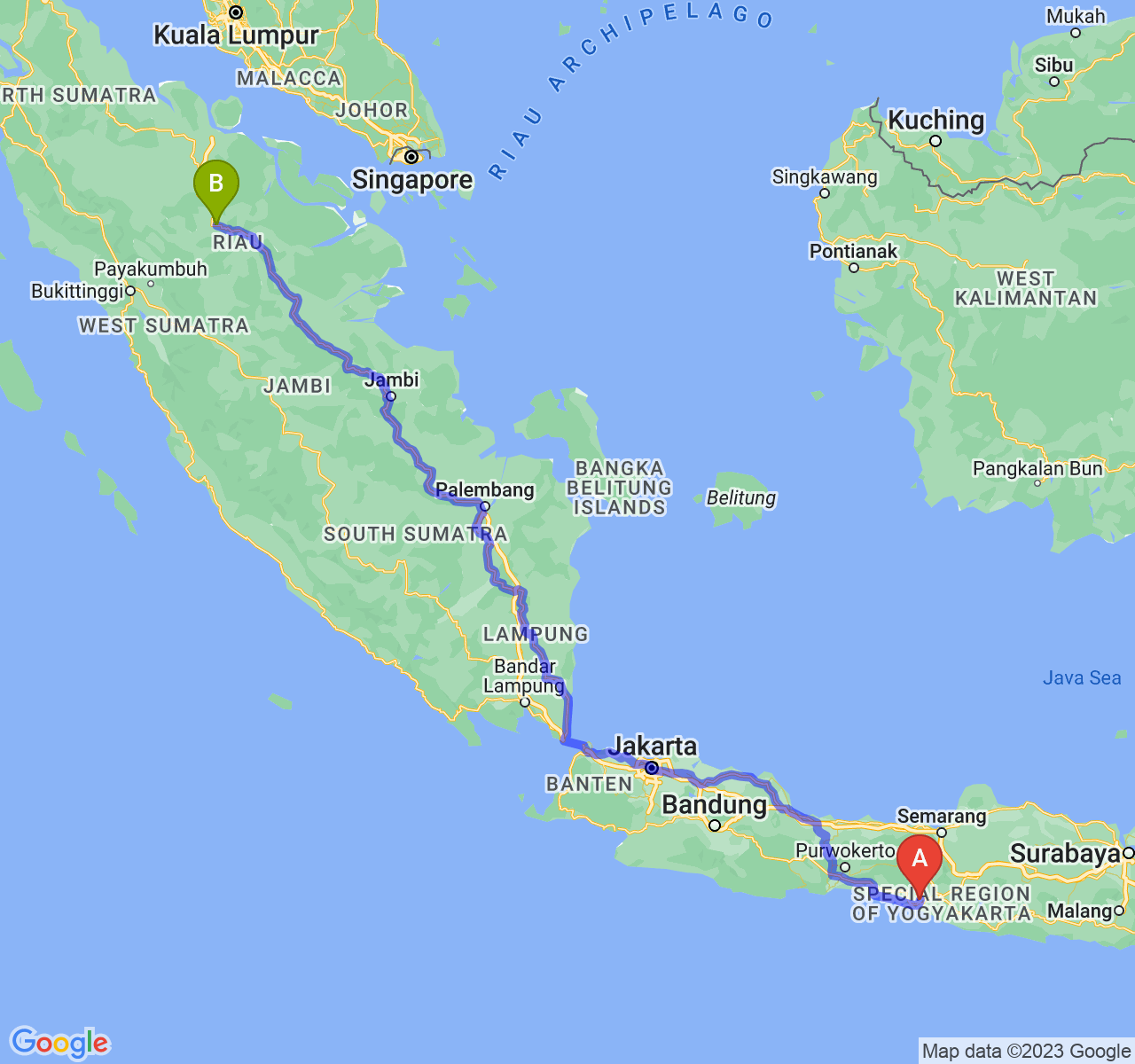 rute perjalanan Kab. Kulon Progo-Kota Pekanbaru