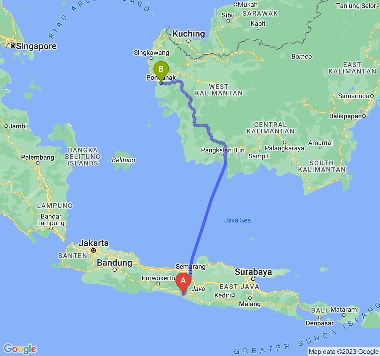 rute perjalanan Kab. Kulon Progo-Kota Pontianak