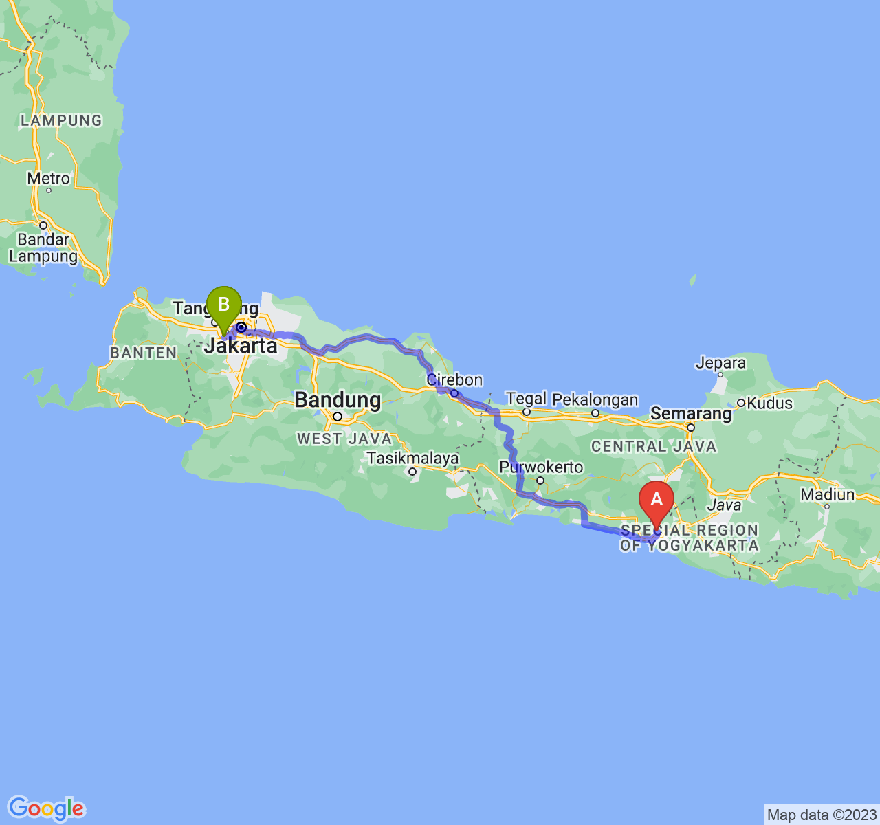 rute perjalanan Kab. Kulon Progo-Kota Tangerang Selatan