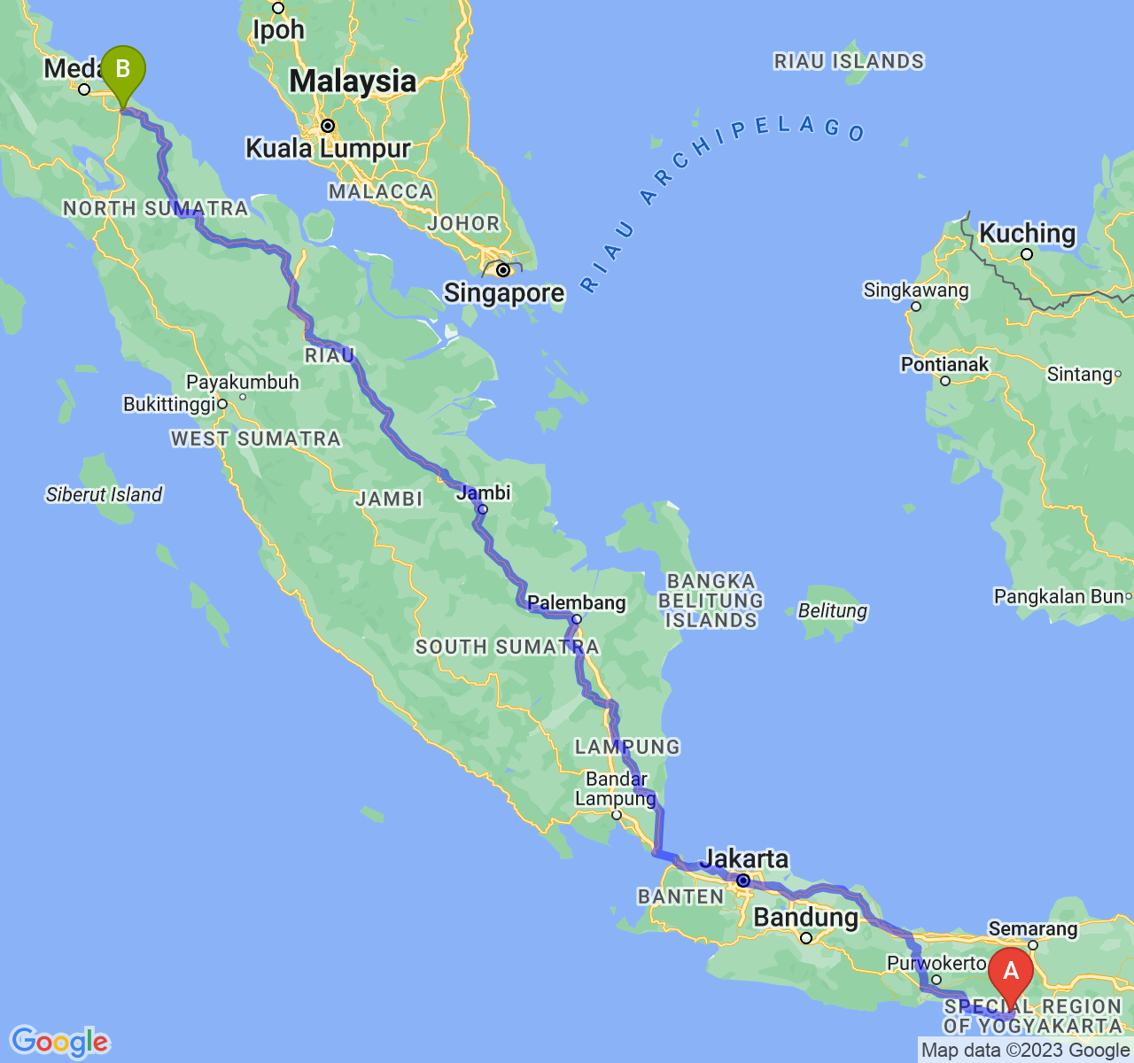 rute perjalanan Kab. Kulon Progo-Kota Tebing Tinggi