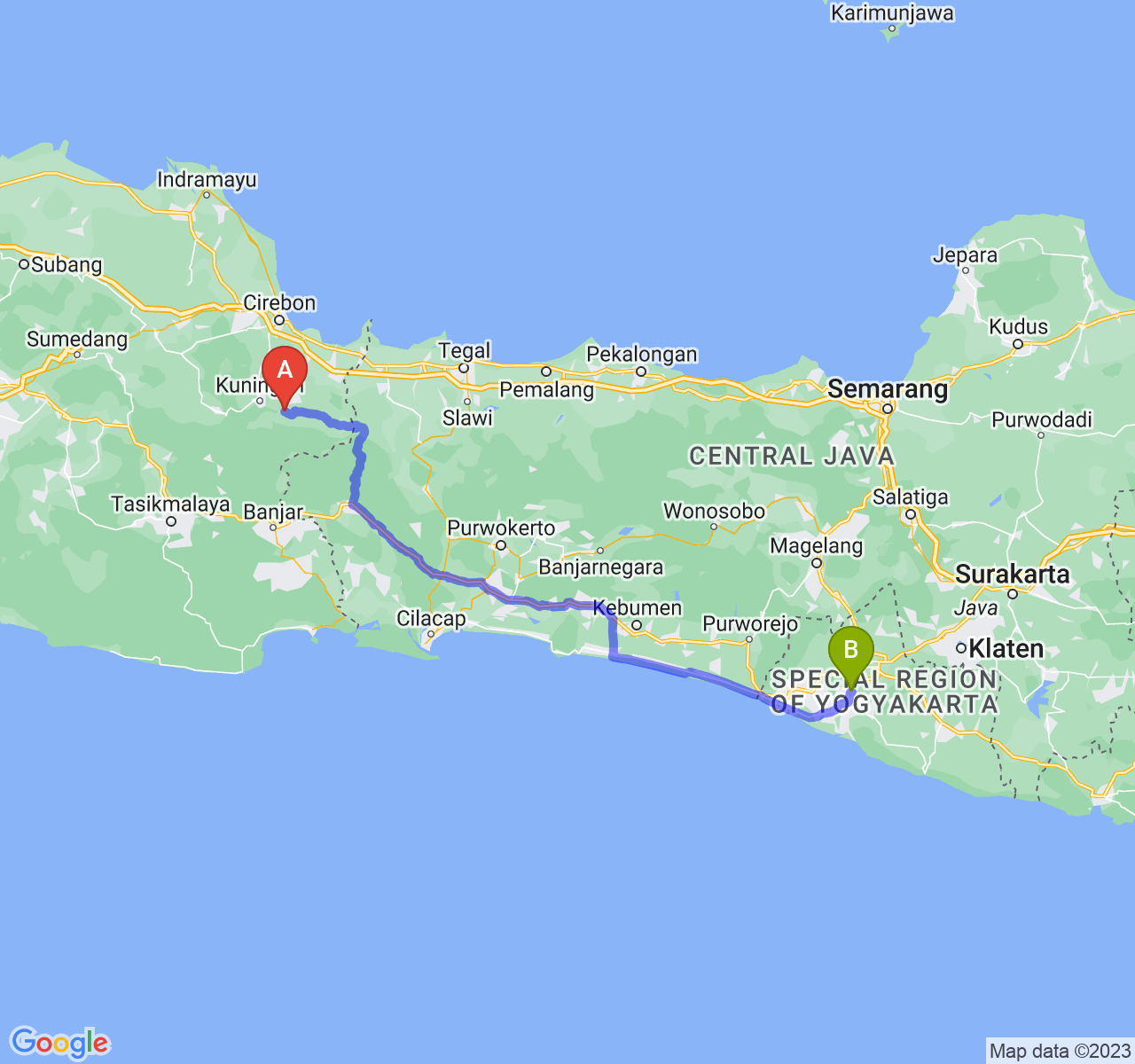 rute perjalanan Kab. Kuningan-Kab. Bantul