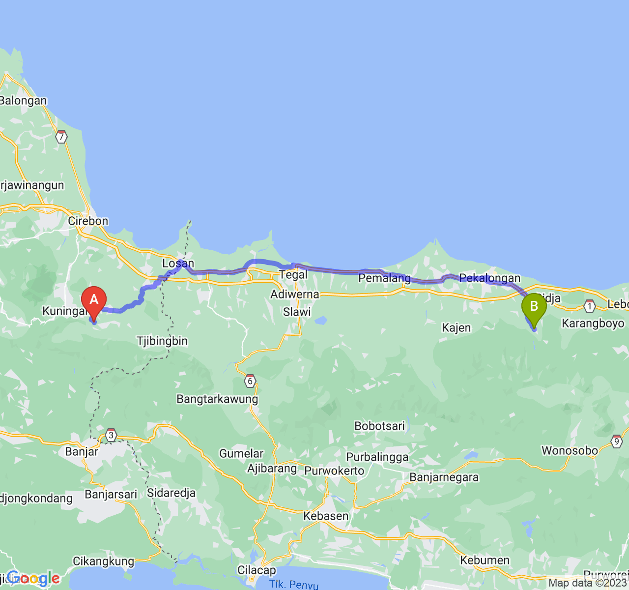 rute perjalanan Kab. Kuningan-Kab. Batang