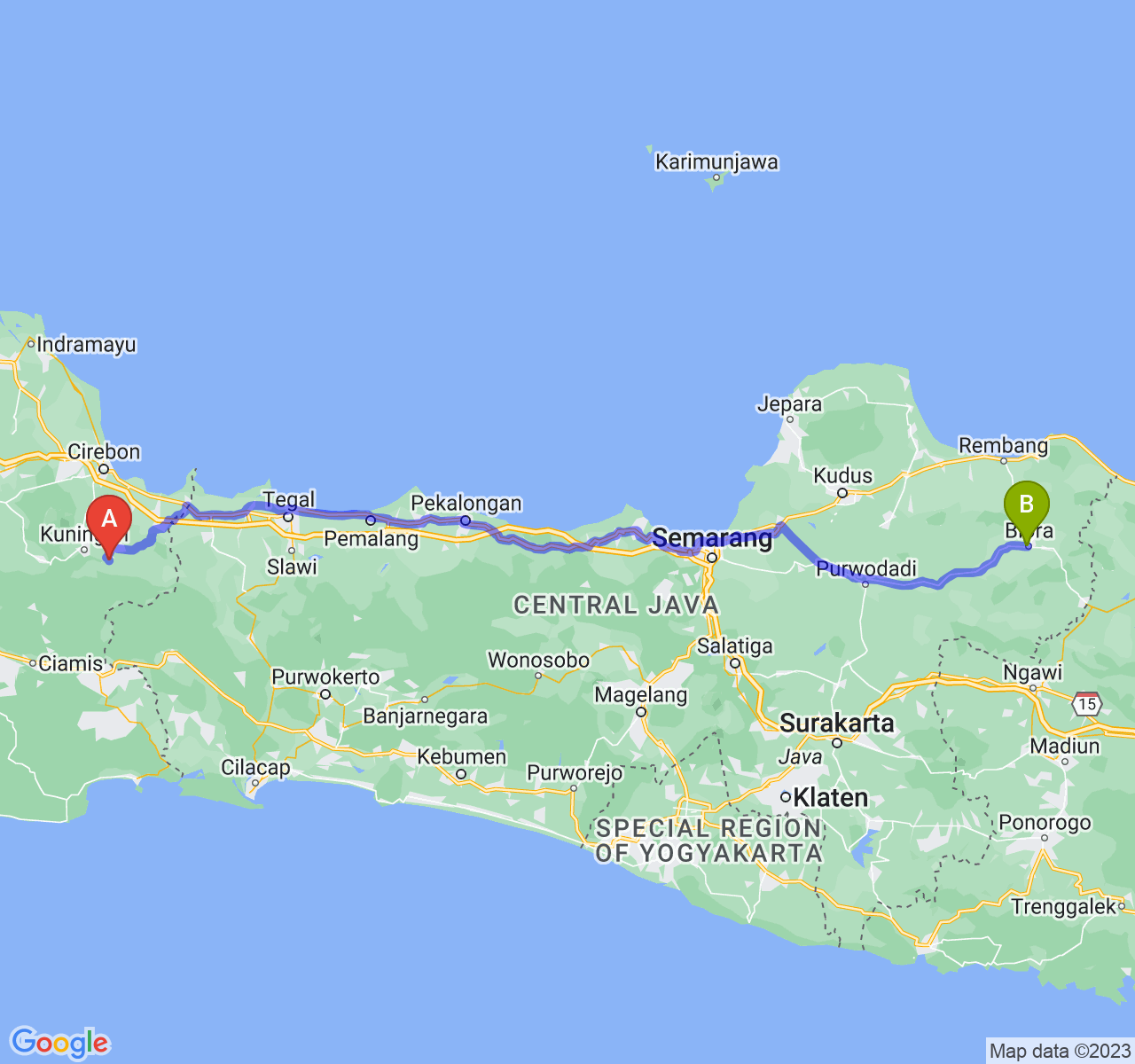 rute perjalanan Kab. Kuningan-Kab. Blora