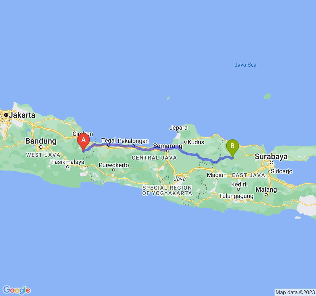 rute perjalanan Kab. Kuningan-Kab. Bojonegoro