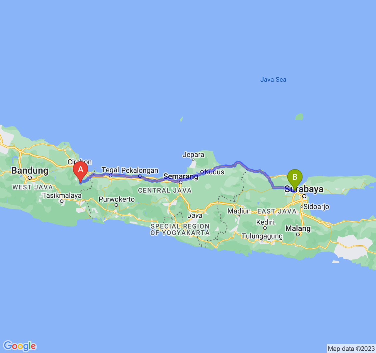 rute perjalanan Kab. Kuningan-Kab. Gresik