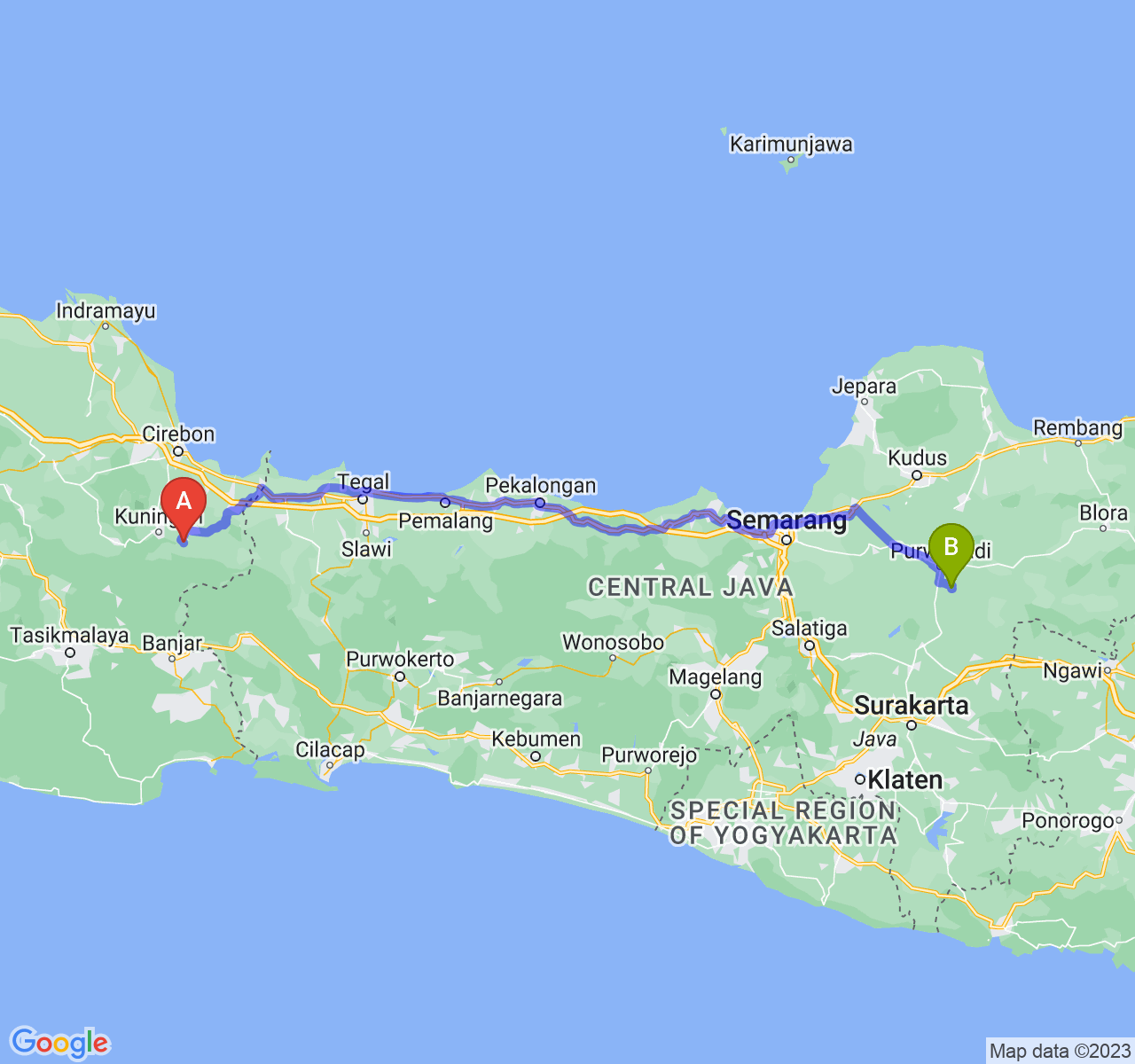 rute perjalanan Kab. Kuningan-Kab. Grobogan