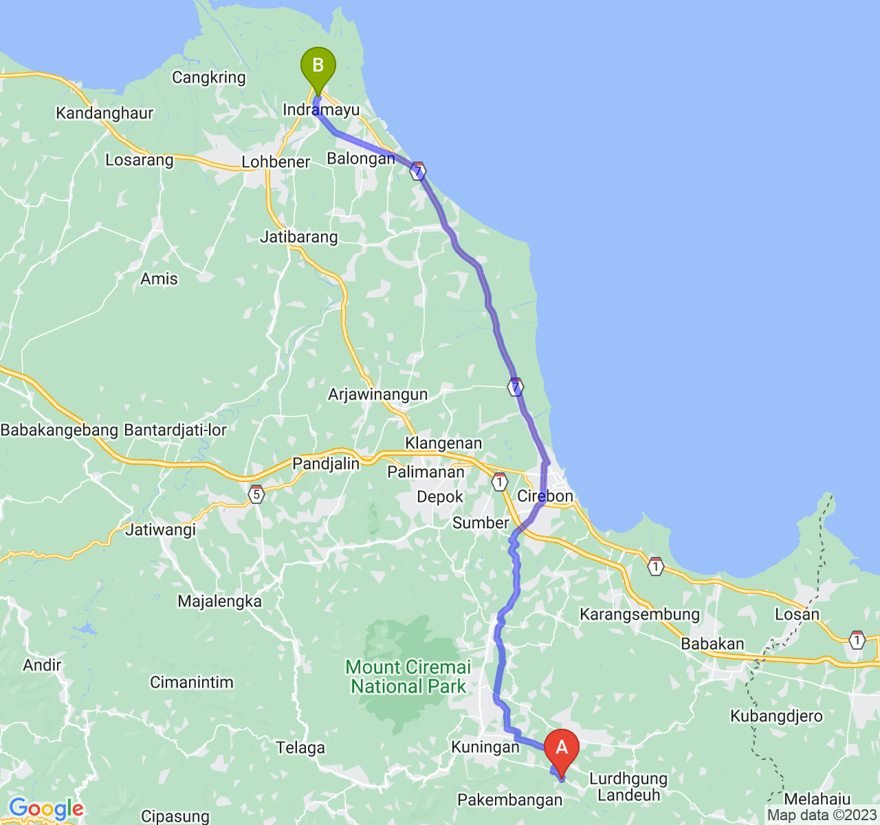 rute perjalanan Kab. Kuningan-Kab. Indramayu