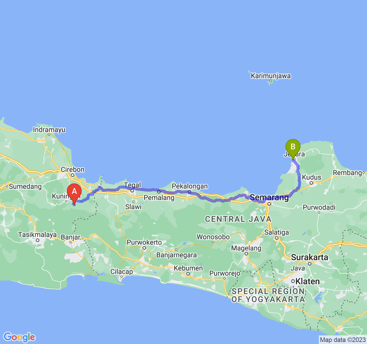 rute perjalanan Kab. Kuningan-Kab. Jepara