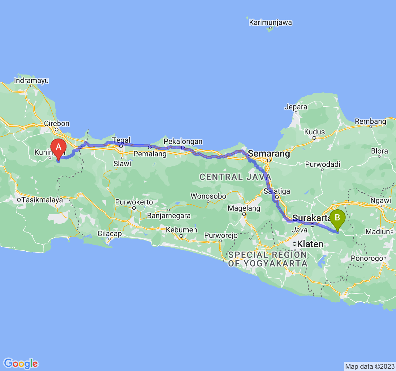 rute perjalanan Kab. Kuningan-Kab. Karanganyar