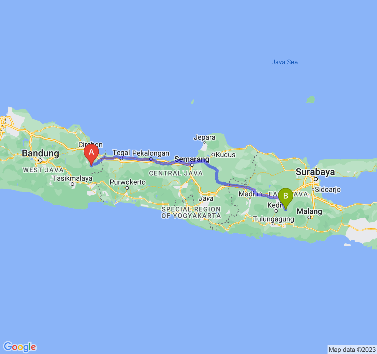 rute perjalanan Kab. Kuningan-Kab. Kediri