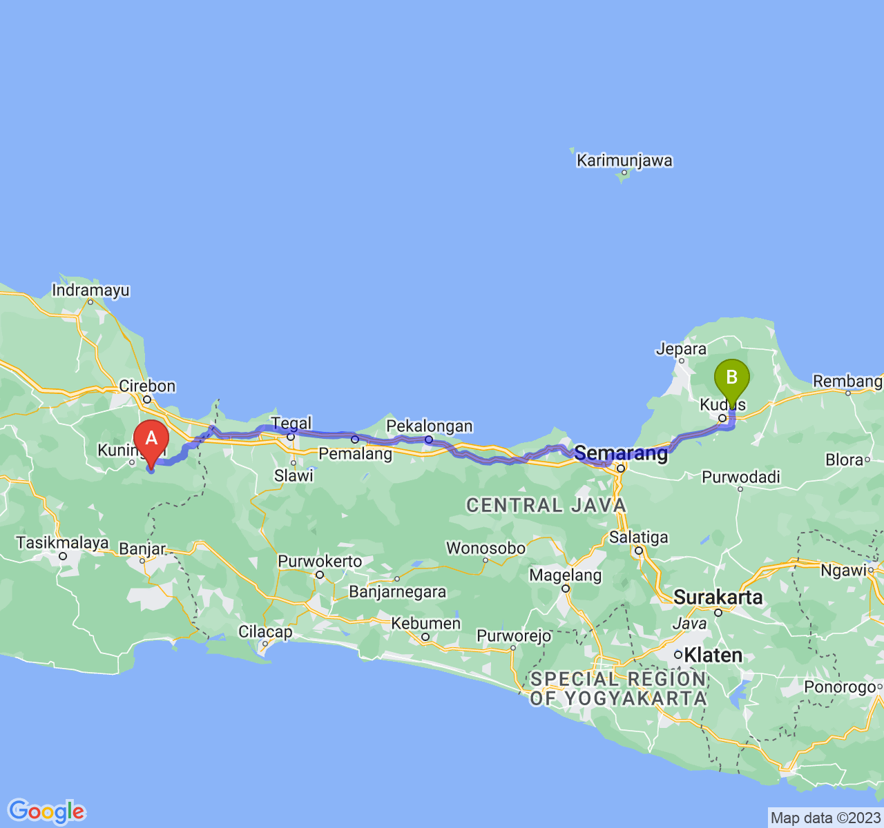 rute perjalanan Kab. Kuningan-Kab. Kudus