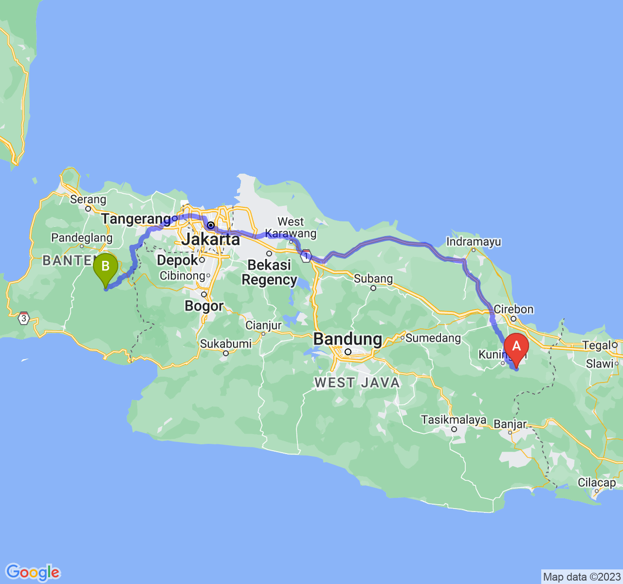 rute perjalanan Kab. Kuningan-Kab. Lebak