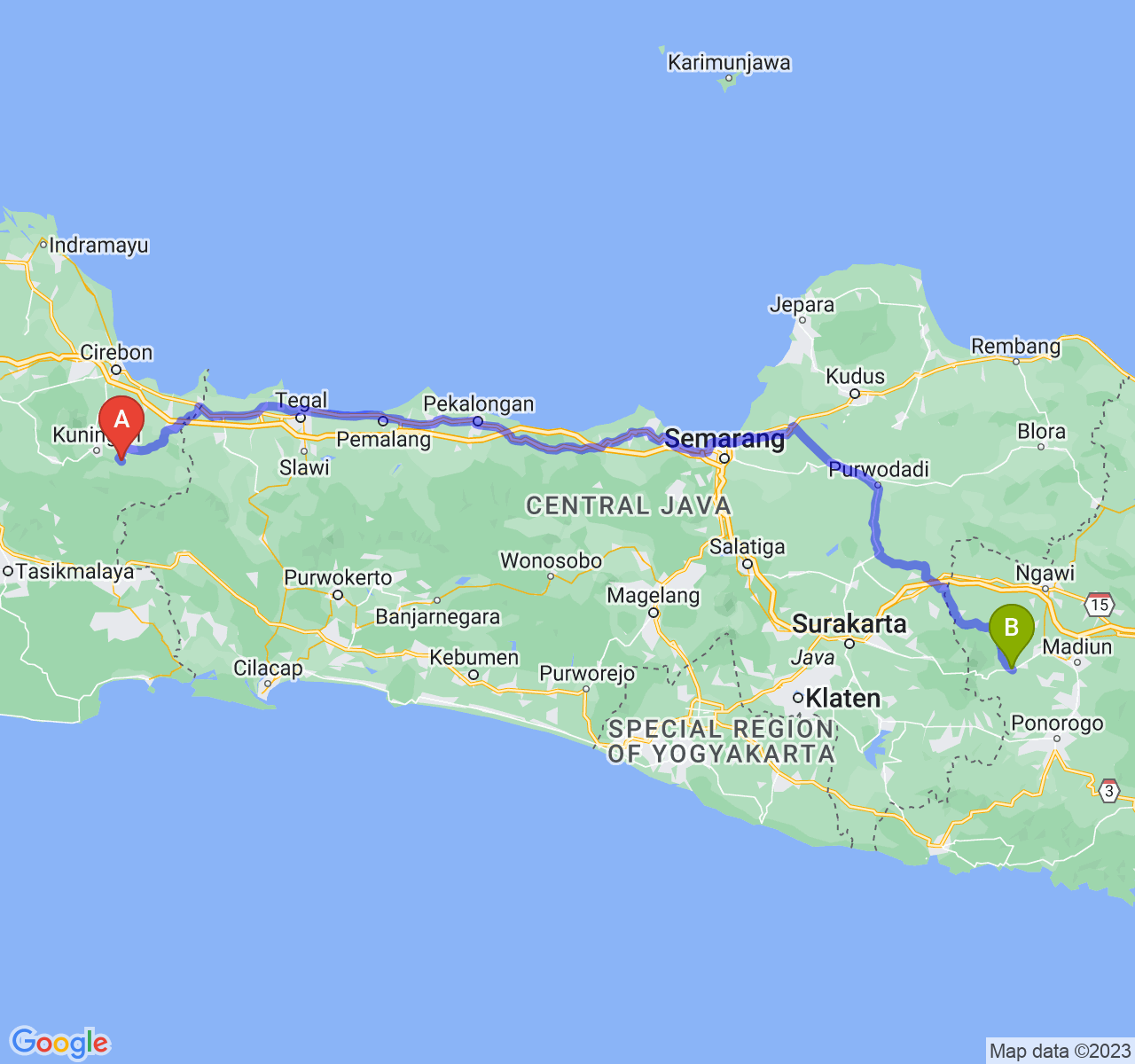 rute perjalanan Kab. Kuningan-Kab. Magetan