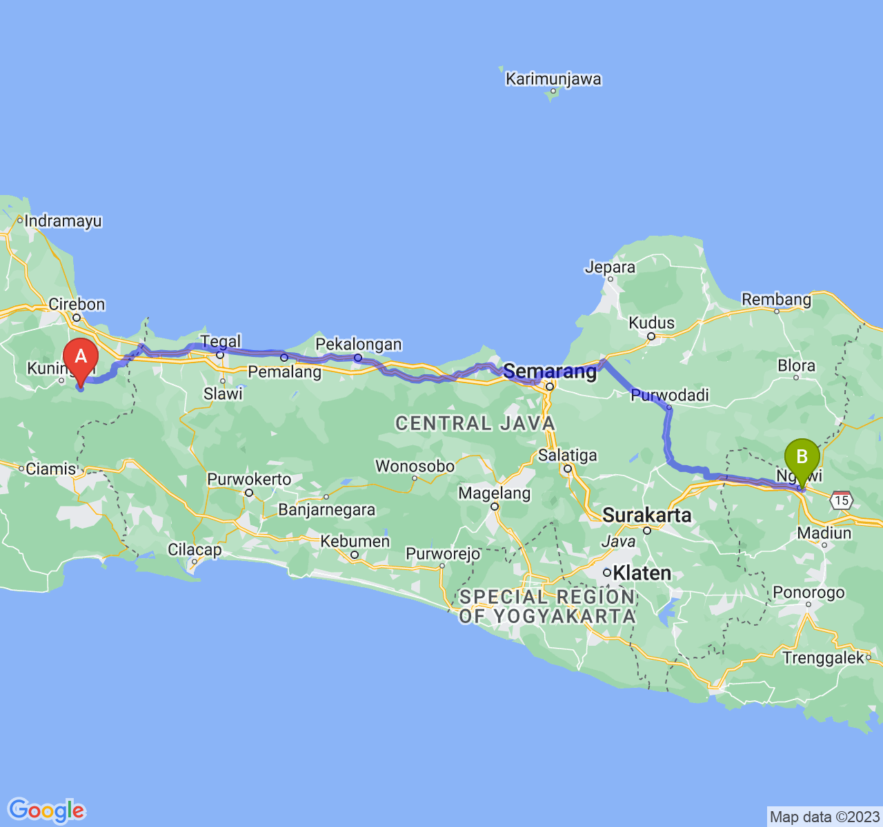 rute perjalanan Kab. Kuningan-Kab. Ngawi