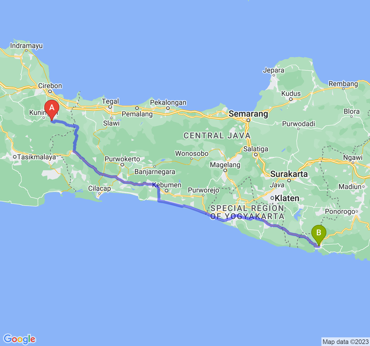 rute perjalanan Kab. Kuningan-Kab. Pacitan