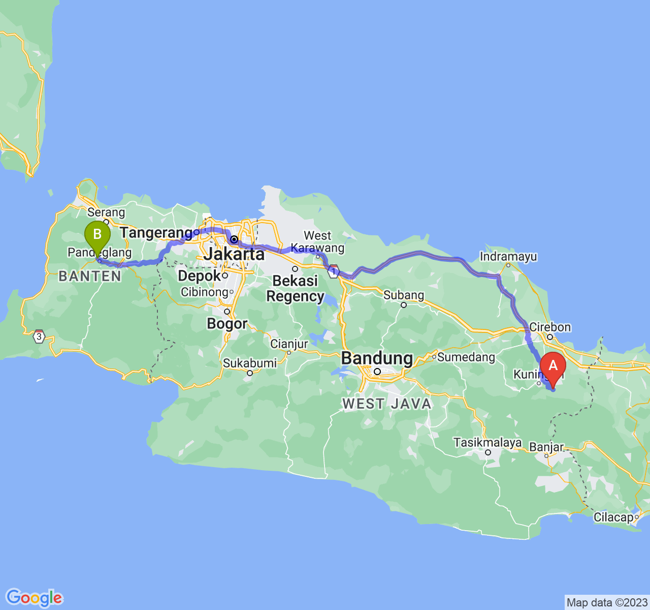 rute perjalanan Kab. Kuningan-Kab. Pandeglang