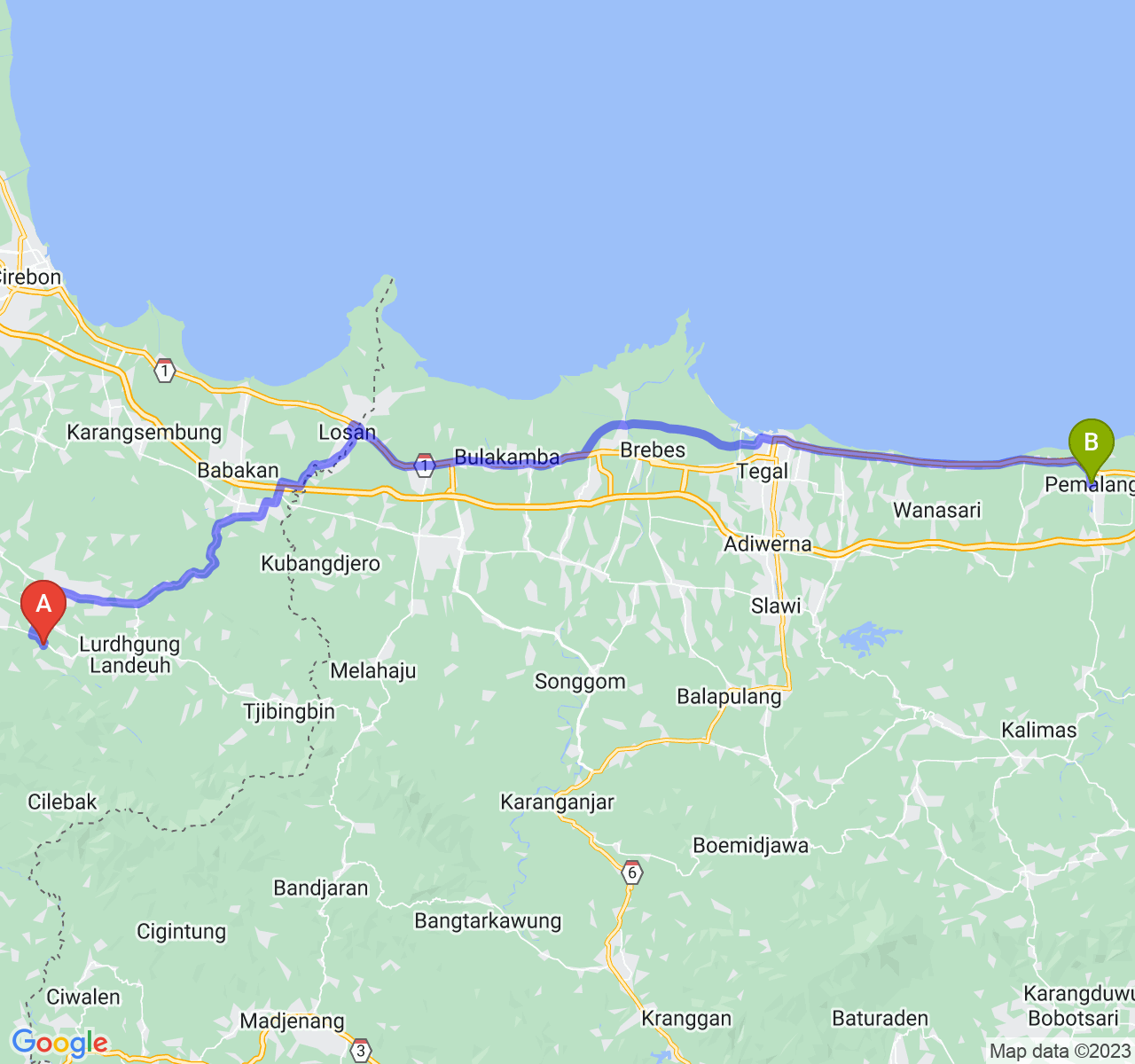 rute perjalanan Kab. Kuningan-Kab. Pemalang