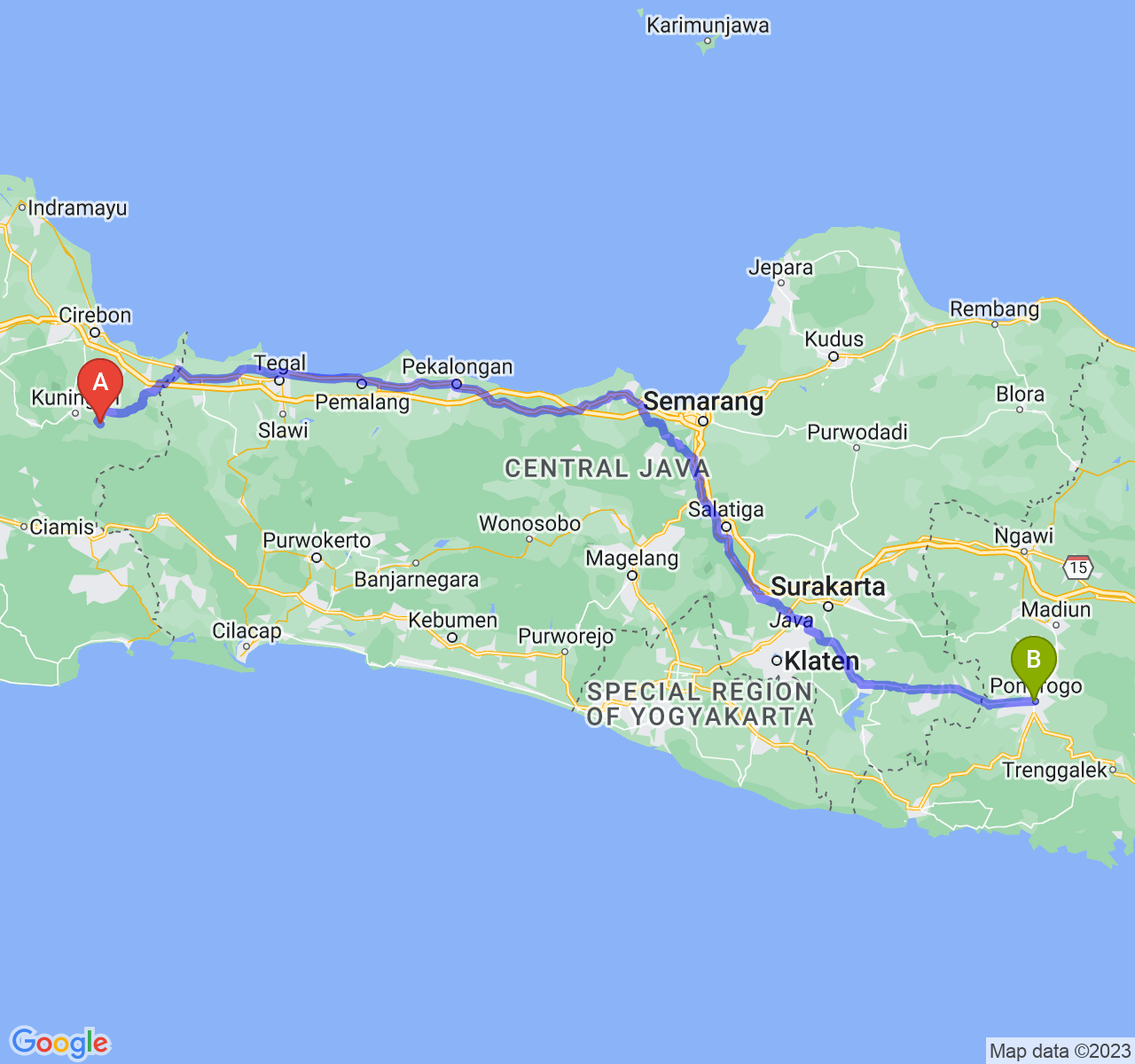 rute perjalanan Kab. Kuningan-Kab. Ponorogo