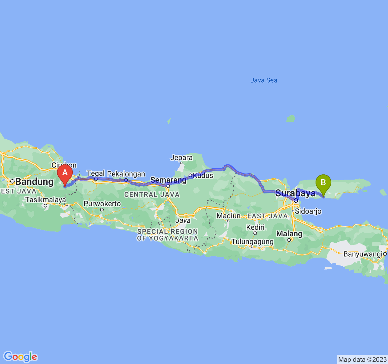 rute perjalanan Kab. Kuningan-Kab. Sampang