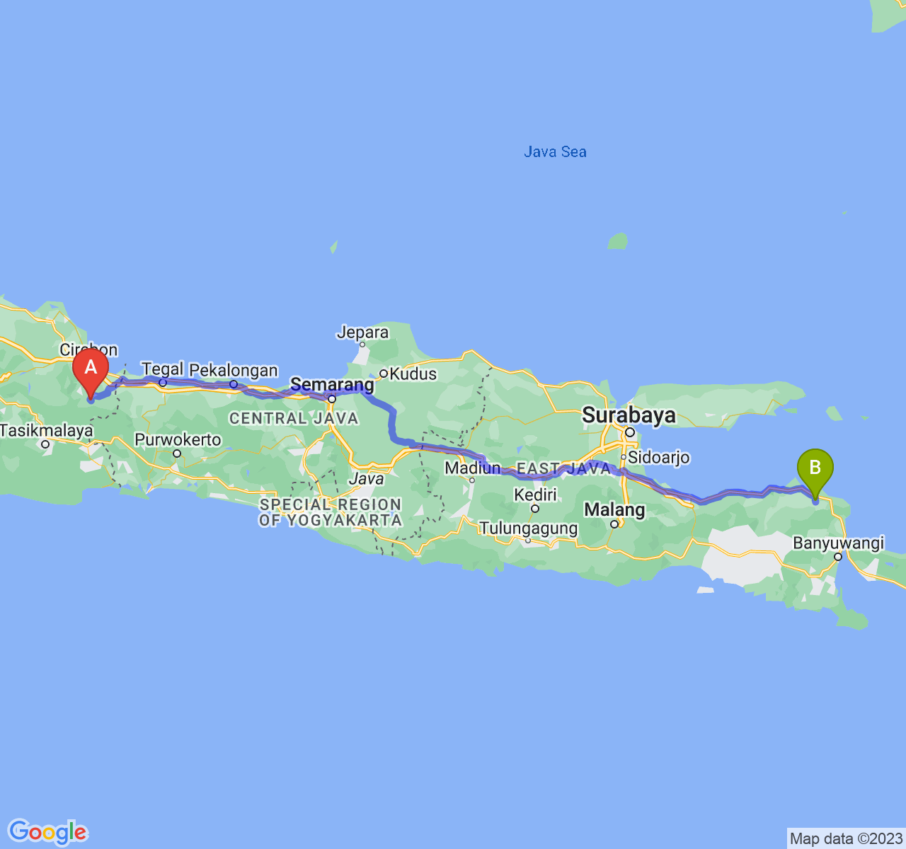 rute perjalanan Kab. Kuningan-Kab. Situbondo