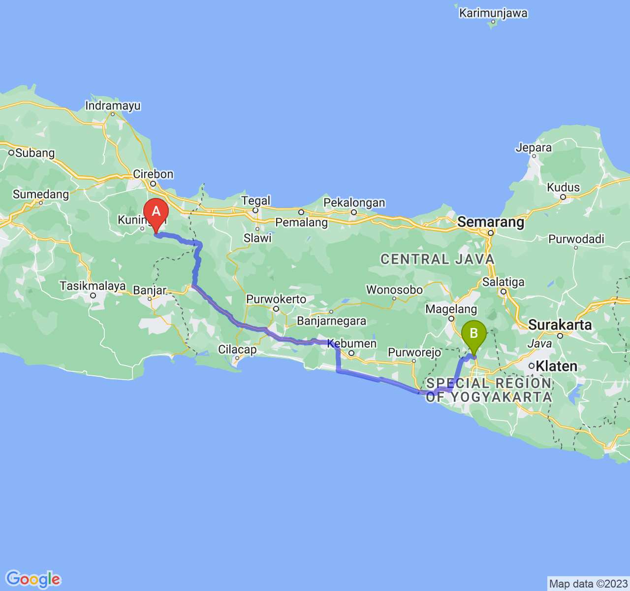 rute perjalanan Kab. Kuningan-Kab. Sleman