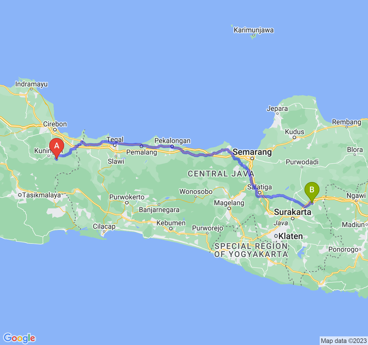 rute perjalanan Kab. Kuningan-Kab. Sragen