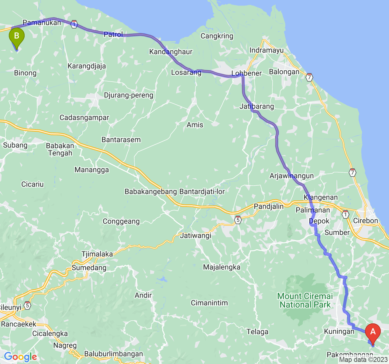 rute perjalanan Kab. Kuningan-Kab. Subang