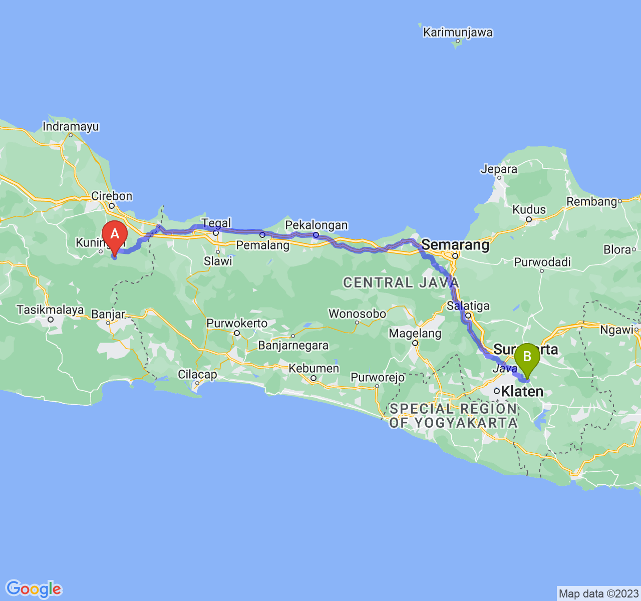 rute perjalanan Kab. Kuningan-Kab. Sukoharjo