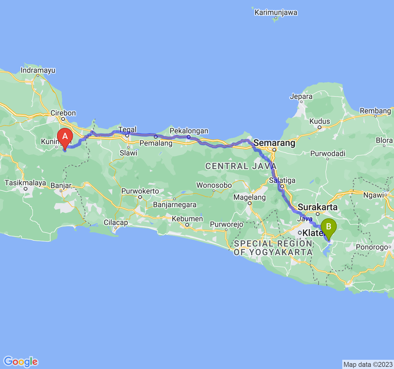 rute perjalanan Kab. Kuningan-Kab. Wonogiri