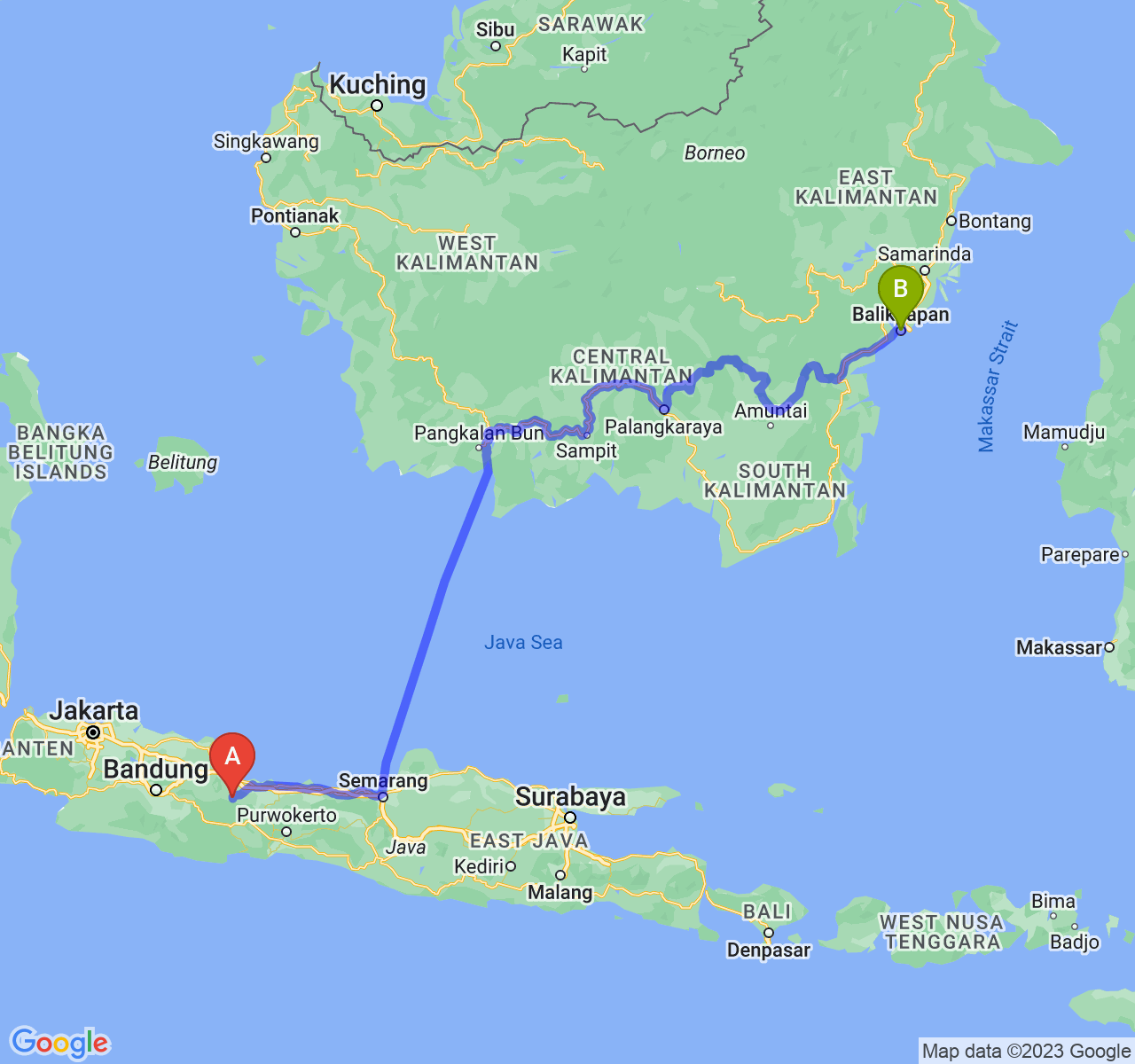 rute perjalanan Kab. Kuningan-Kota Balikpapan