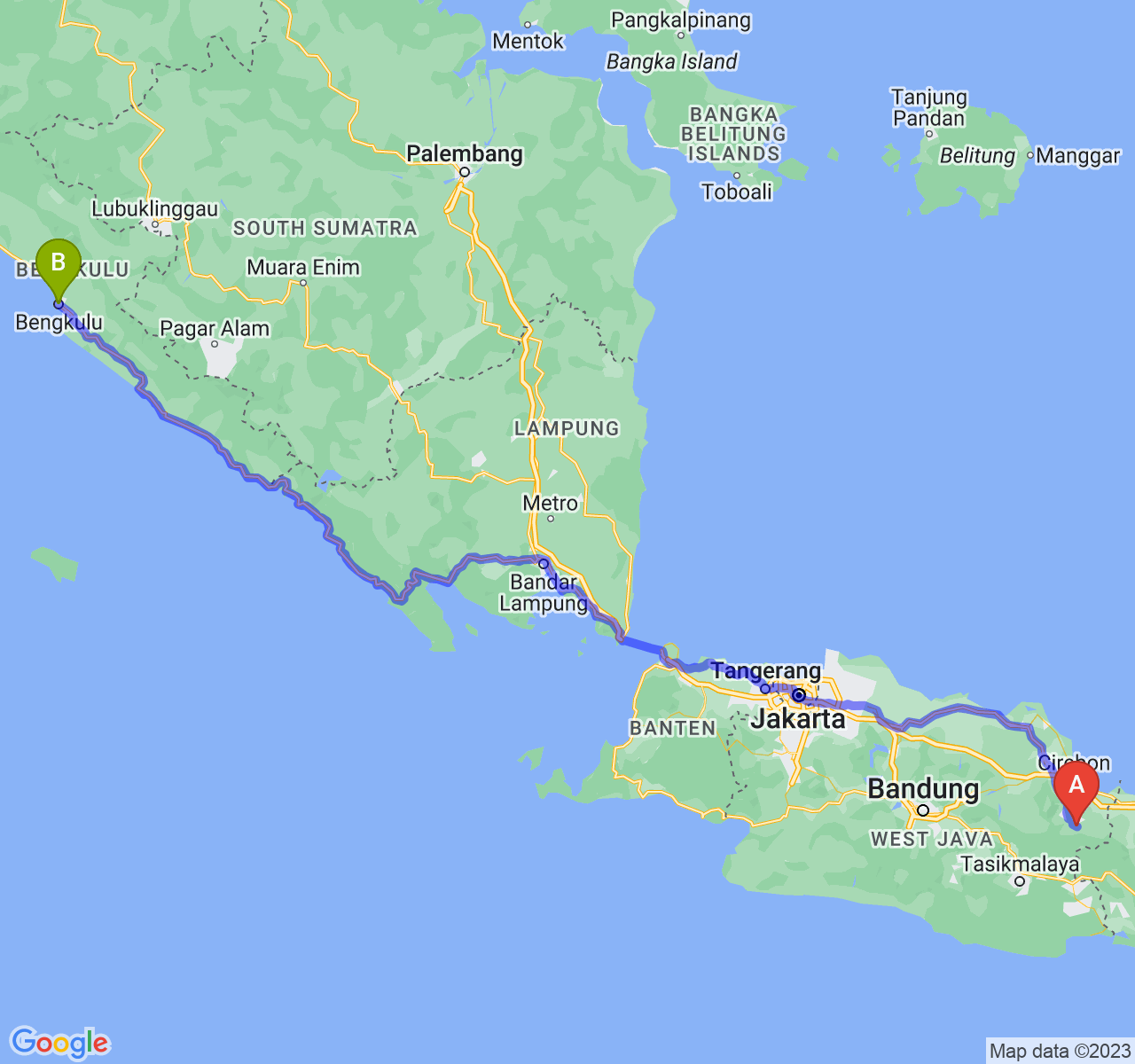 rute perjalanan Kab. Kuningan-Kota Bengkulu