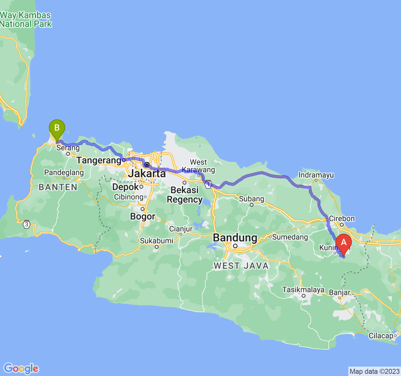 rute perjalanan Kab. Kuningan-Kota Cilegon