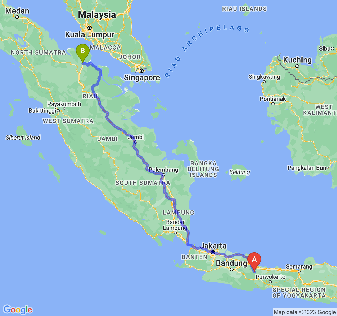 rute perjalanan Kab. Kuningan-Kota Dumai