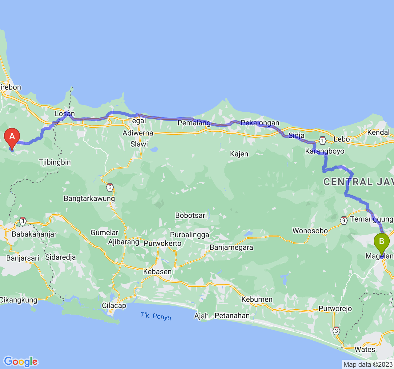 rute perjalanan Kab. Kuningan-Kota Magelang