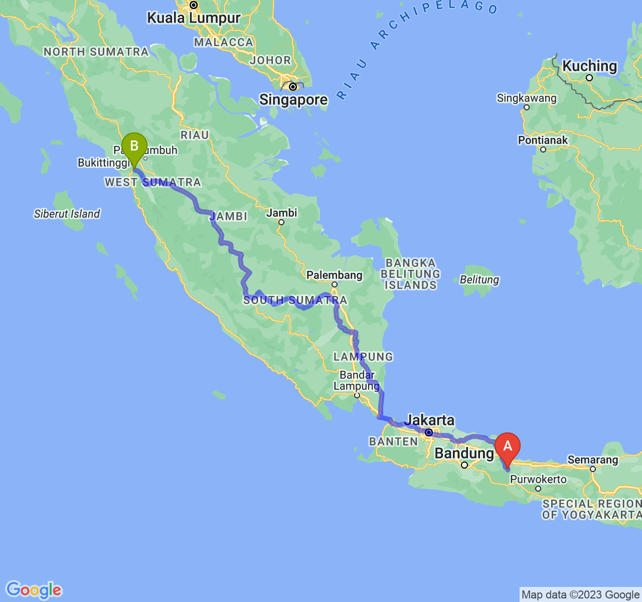 rute perjalanan Kab. Kuningan-Kota Padang Panjang